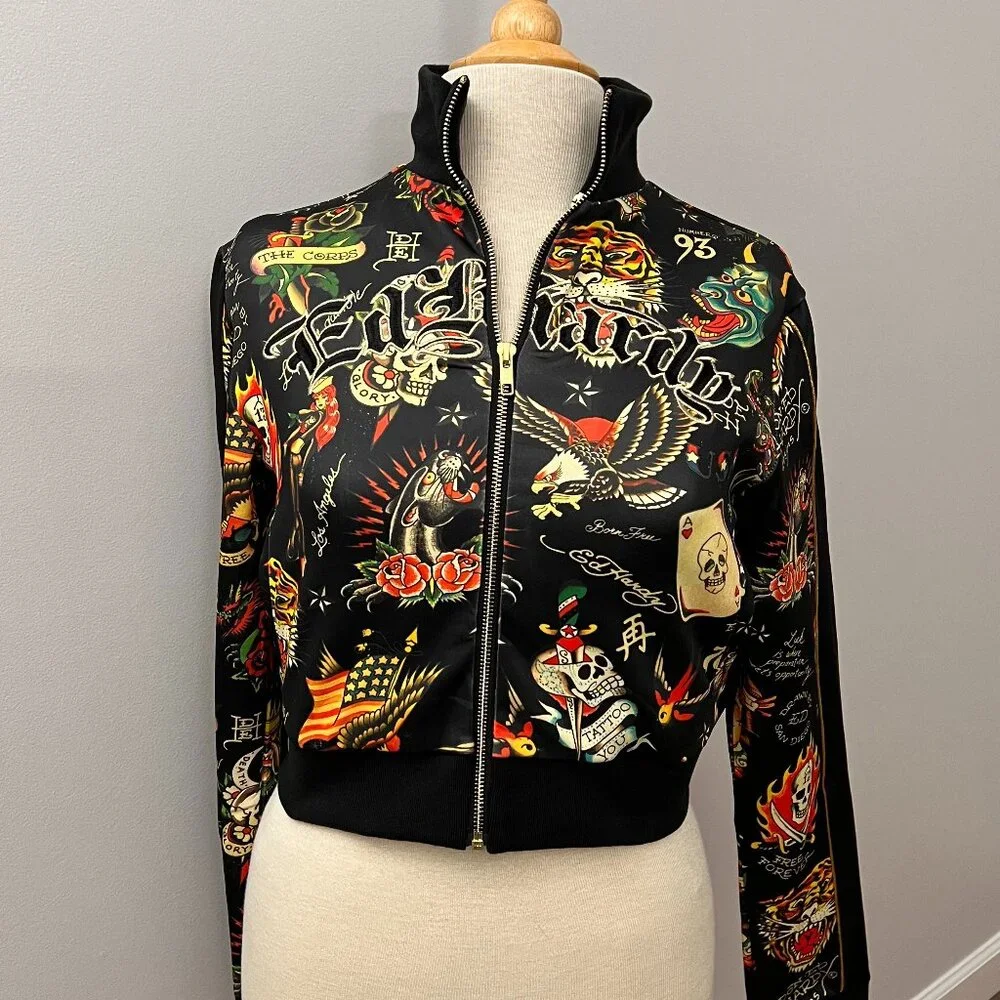 NEW Ed Hardy Crop Flashboard Black Tattoo Track Jacket Sz M - Picture 1 of 15